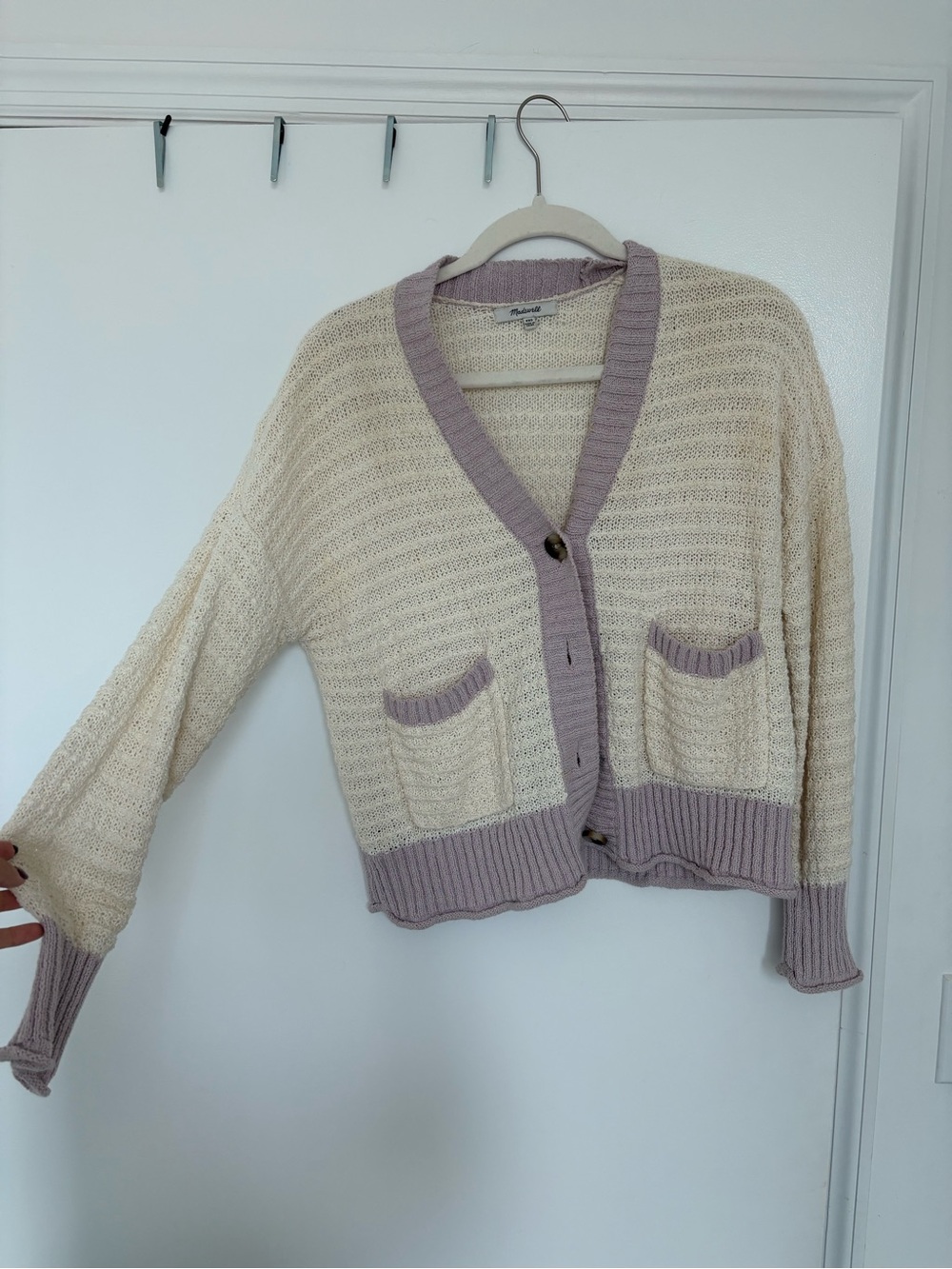 Madewell Ivory Cardigan with Light Lavender Trim - Picture 2 of 3
